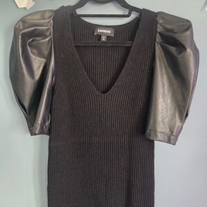 Express Black Knit Dress with Faux Leather Sleeves